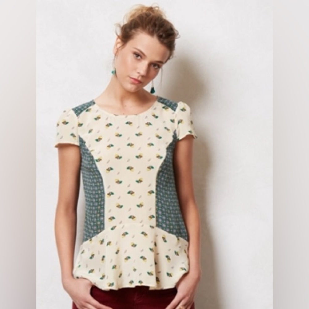 Anthropologie Floral Patterned Cream and Blue Women's Top size 2